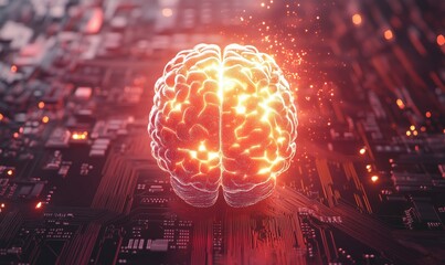 Poster - Brain glowing on circuit board, representing technology and intelligence