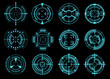 © VectorBum - Blue futuristic optical aims. Glowing round objects of game interface. HUD icons. Military simulator. Sci-Fi UI. Camera viewfinder. Bullseye crosshair. Focus range indications vector set