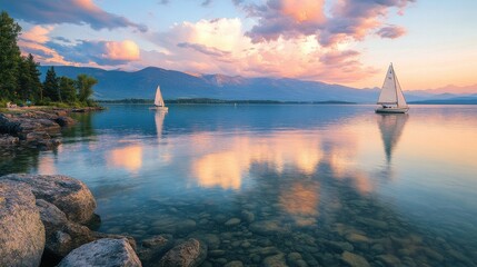 Aufkleber - A tranquil evening at Flathead Lake featuring sailboats gliding on calm waters and vibrant clouds reflecting in the sunset sky