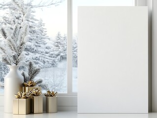 Wall Mural - Minimalistic Winter Window Scene With Gold Presents and Empty White Canvas : Generative AI