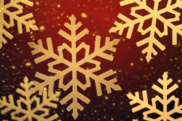 Poster - Golden snowflakes on a red background with sparkling glitter.