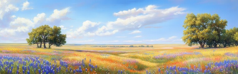 Poster - A colorful display of wildflowers spreads across the Oklahoma plains under a clear blue sky during the warm afternoon