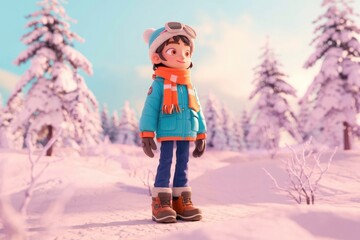 Poster - A cartoon character in winter clothes stands in a snowy forest