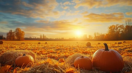 Poster - A peaceful autumn harvest field with pumpkins at sunset, bathed in warm golden light and surrounded by colorful foliage