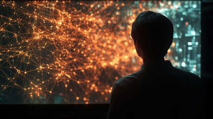 Poster - Scientist analyzing complex data patterns in a high-tech research laboratory at dusk
