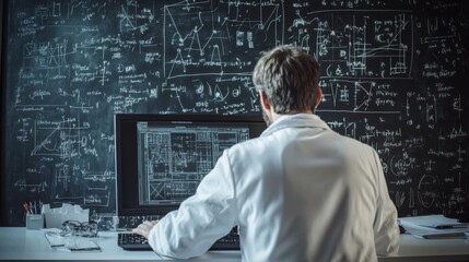 Fototapete - A scientist in a lab coat reviews complex data on a computer in a research lab filled with mathematical equations and diagrams