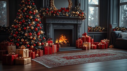 Aufkleber - Festive Christmas Living Room with Fireplace and Gifts for Joyful Holiday Celebrations : Generative AI