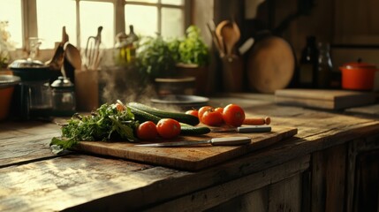 Poster - A rustic kitchen filled with fresh vegetables on a wooden countertop creating a warm and inviting atmosphere for cooking
