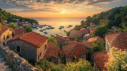 Aufkleber - A serene coastal village in Montenegro with vibrant sunset and moored boats reflecting on calm waters