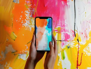 Hand holding smartphone with vibrant wallpainting, creative display of digital artistry.