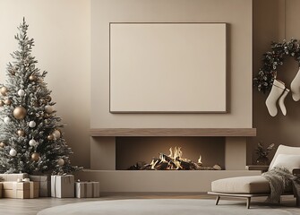 Poster - Elegantly Decorated Modern Living Room with Christmas Tree and Cozy Fireplace : Generative AI