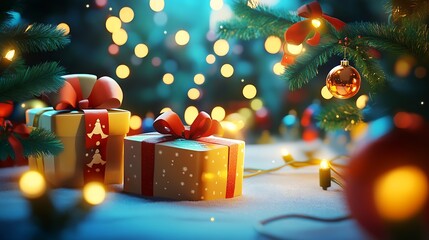 Poster - Beautifully Wrapped Christmas Gift Boxes with Festive Bokeh and Ornaments : Generative AI