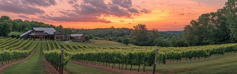Poster - Vineyards at sunset with rolling hills and dramatic clouds in the background