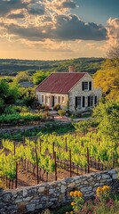 Poster - Charming countryside vineyard cottage surrounded by lush green vines at sunset