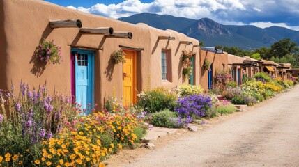 Poster - Charming adobe buildings adorned with vibrant flowers along a scenic dirt road in a picturesque mountain setting on a sunny day