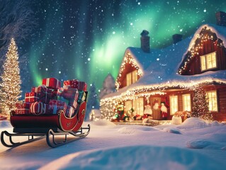 Aufkleber - A charming sight of Santa's sleigh parked beside a festive cabin under the northern lights, surrounded by snow-covered trees at night