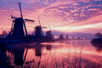 Wall Mural - Traditional windmills reflecting in calm water at sunrise with vibrant pink and purple sky