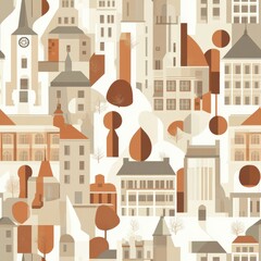 Poster - Abstract university pattern showcasing buildings and nature in warm tones of orange and beige against a muted background