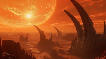 Poster - A breathtaking panoramic view of a distant planet bathed in vibrant red-orange hues under a bright sun
