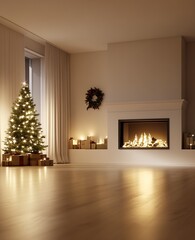 Aufkleber - Sophisticated Living Space with Christmas Tree and Elegant Fireplace Decor : Generative AI