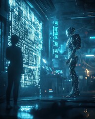 Aufkleber - A highly advanced robot stands before a human, interacting with a digital display in a futuristic laboratory at night
