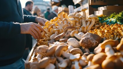 Poster - Fresh variety of mushrooms displayed at a bustling farmers market stall in the morning sunshine