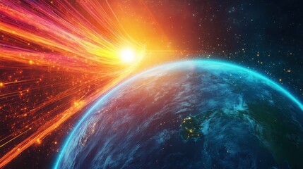 Poster - A futuristic view of Earth's magnetic field illuminating the planet as solar energy interacts with the atmosphere and oceans