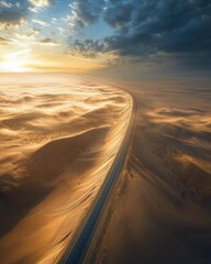 Poster - A stunning highway winds through golden sand dunes at sunset, creating a striking contrast between nature and human engineering