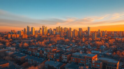 Aufkleber - Stunning aerial view of a vibrant city skyline during sunset, showcasing tall buildings and warm evening light