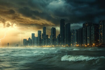 Poster - A brewing storm casts dark clouds over a coastal city as waves crash and lightning illuminates the skyline in the fading light. Generative AI