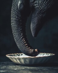 Poster - A close-up view of an elephant's foot reaching towards a shallow bowl, showcasing the texture and details in natural lighting