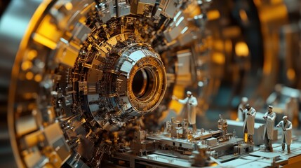 Poster - a detailed close-up of a particle collider model showcasing intricate designs and miniature scientis