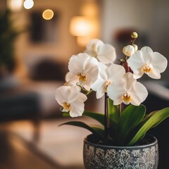 Poster - A close-up of a delicate white orchid blooming indoors with soft lighting and a cozy atmosphere