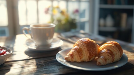 Poster - A delightful close-up of classic French croissants and coffee on a sunny morning breakfast table