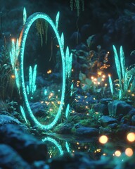 Poster - A mystical mirror reflecting the enchanting forest surroundings during twilight with ethereal lights and lush greenery