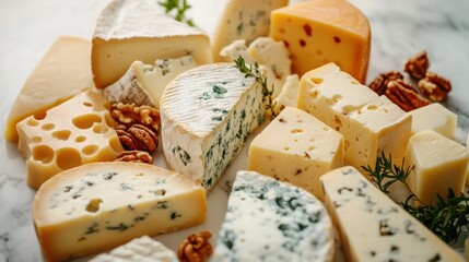 Poster - A delightful cheese platter featuring a variety of gourmet cheeses and nuts arranged on marble for an elegant presentation
