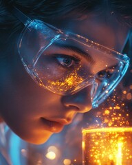 Aufkleber - a close-up of a brilliant young chemist analyzing glowing chemical reactions in a lab environment du