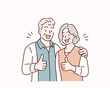 © autumnn - Young smiling happy old couple two friends family man woman. thumbs up. Hand drawn style vector design illustrations.