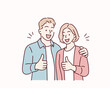 © autumnn - Young smiling happy couple two friends family man woman. thumbs up. Hand drawn style vector design illustrations.