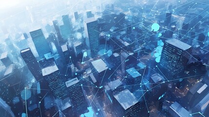 Poster - An aerial view of a city with a network of lines and blue dots over top of it