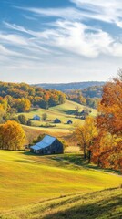 Aufkleber - A serene autumn landscape features rolling hills, colorful trees, and a rustic barn in a peaceful countryside setting