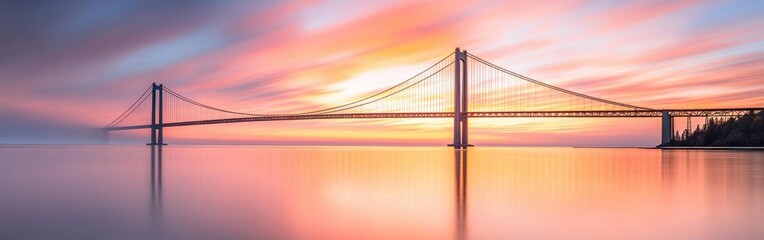 Poster - An enchanting sunset view of the Mackinac Bridge over calm waters of the Straits of Mackinac