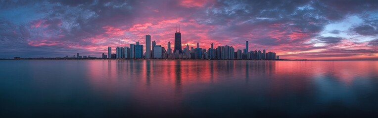 Poster - Stunning Chicago skyline reflects in calm waters during a vibrant sunset