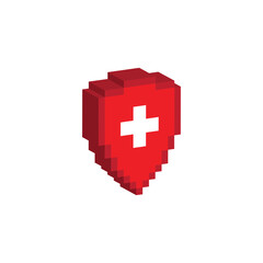 Poster - isometric pixel Medical shield icon. Medical protection sign