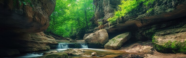 Aufkleber - A tranquil morning at the cliffs and caves with flowing water in a lush green forest