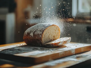 Poster - A perfectly baked loaf of sourdough bread on a wooden cutting board in a sunlit kitchen during the afternoon