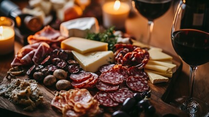Poster - A delightful charcuterie board featuring assorted cheeses and meats, paired with wine and candles for a cozy evening gathering
