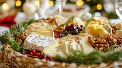 Poster - A festive cheese board displayed at a holiday gathering, adorned with fruits, nuts, and greenery for a delightful tasting experience