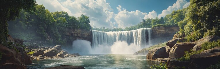 Poster - Cumberland Falls cascading majestically into the river under a clear blue sky surrounded by lush greenery in the late afternoon