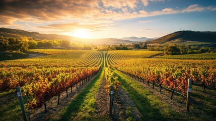 Poster - Stunning sunset over Napa Valley vineyards showcasing rows of grapes and rolling hills during harvest season